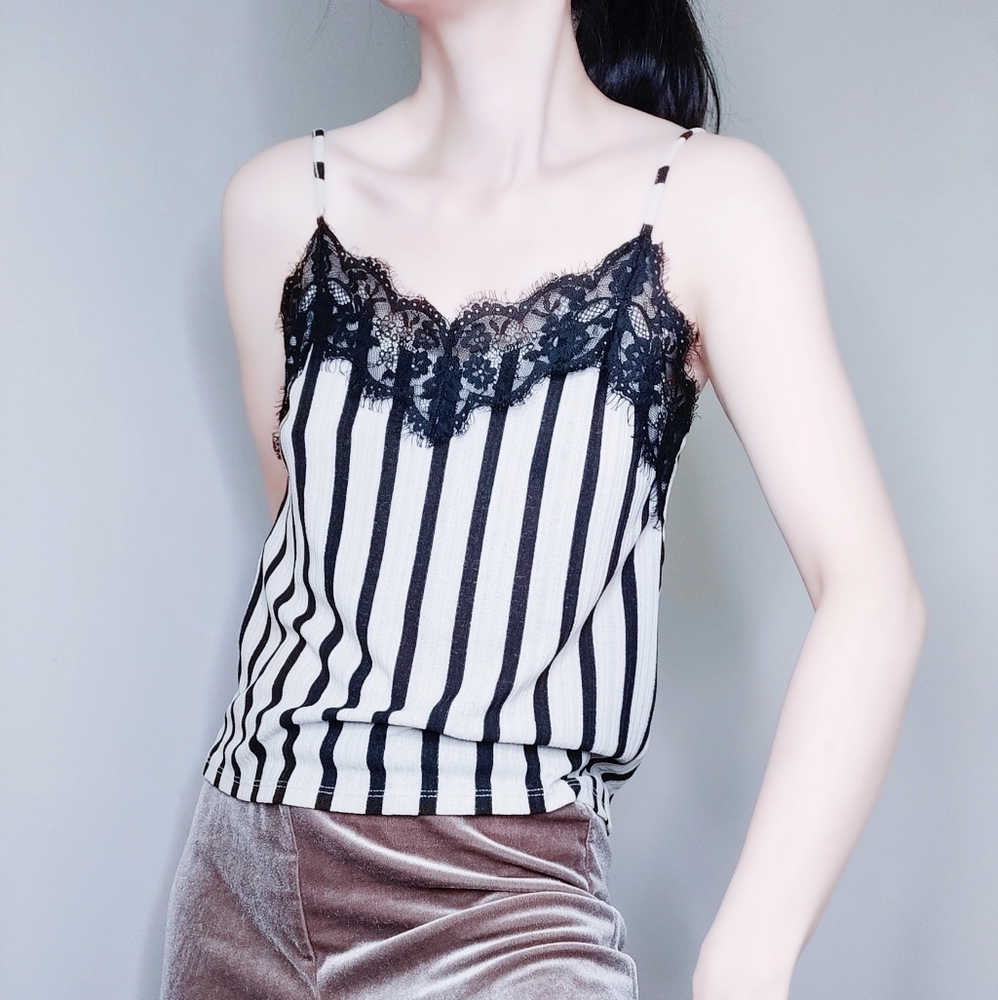 Zara TRF Black Lace Stripes Top